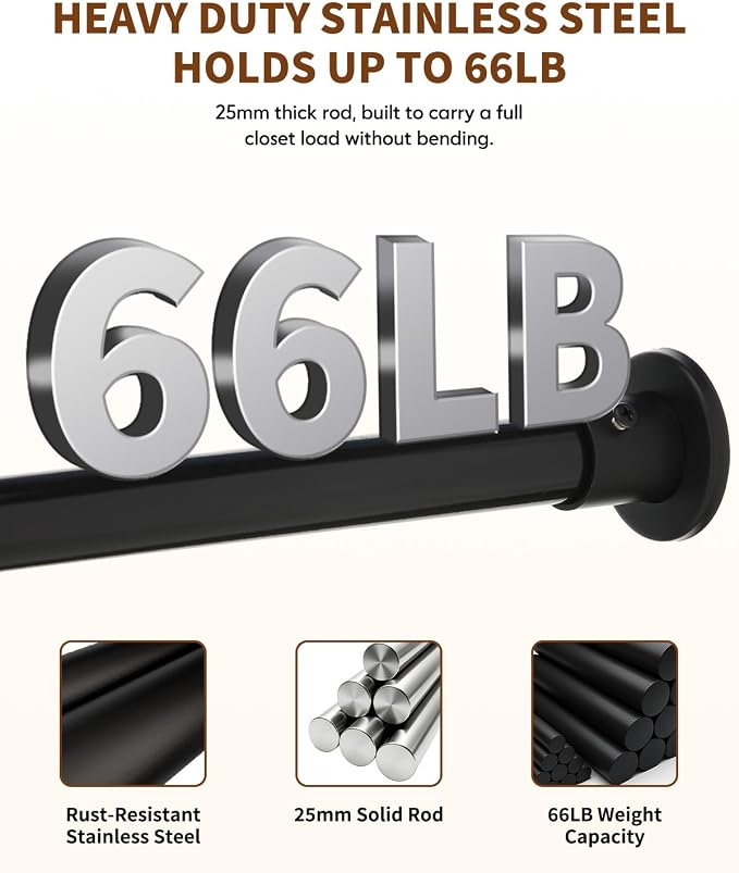 Closet Rods for Hanging Clothes, 18-92 Inch Stepless Adjustable Closet Rod, Heavy Duty Metal Closet Hanging Rod with Closed-Ring Brackets, Multi-Use Clothes Bar for Wardrobe Laundry Room RV, Black