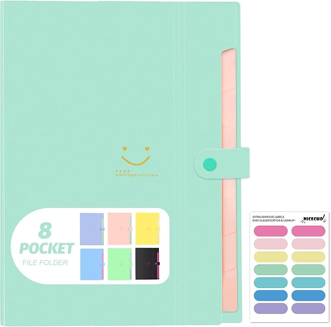 Expanding File Folder, 8 Pockets Accordion File Organizer, A4 Letter Size Paper Document Receipt Organizer Accordian Filing Folder for Classroom, Home, Office and Travel(Green)