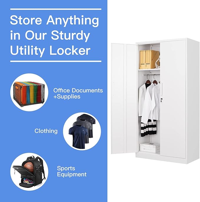 Yizosh Metal Armoire Wardrobe Closet Cabinet for Hanging Clothes with Lock Doors, -72" Steel Lockable Wardrobe Storage Locker Clothes Organizer for Bedroom, Laundry Room (White)