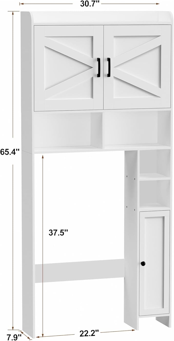 Homhedy Wooden Over The Toilet Storage Cabinet with Barn Door | Freestanding Bathroom Storage, Toilet Paper Holder, Adjustable Shelf,Space-Saving, Farmhouse Style, White