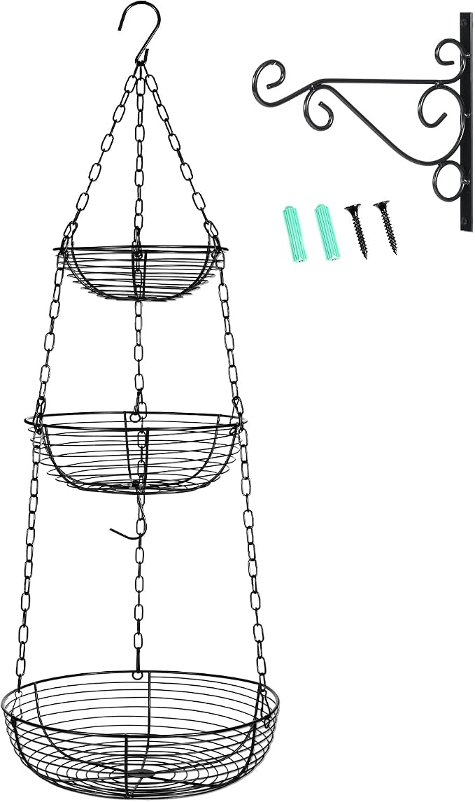 HULISEN 3 Tier Hanging Fruit Basket with Banana Hook, 36-Inch Heavy-Duty Wire Hanging Baskets for Kitchen Storage, Vegetable Produce Organizer (Including Installation Bracket)