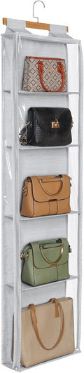 Syeeiex Hanging Handbag Purse Organizer with Zippers, 5 Mesh Shelves,Clear Slubbed Fabric+PVC Hanging Closet Bag Organizer, Dustproof Handbag Closet Tote Storage Bag for Door, Wardrobe, Shelf Rack