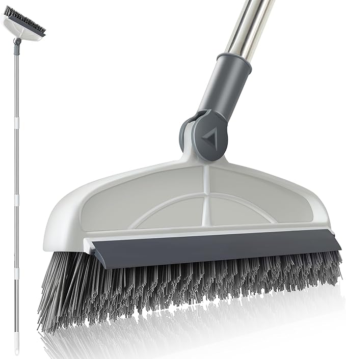 Grout Cleaner with Long Handle & Stiff Swivel Bristles - 2-in-1 Scrubber and Scraper, Tapered Design for Tile Floors, Baseboards, and Tight Spaces