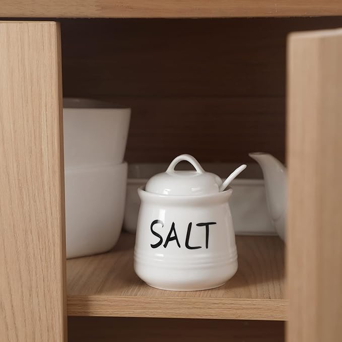 HAOTOP Salt Bowls with Lid and Spoon -12 oz Ceramic Salt Cellar, Salt Containers, Spice Box for Counter, Farmhouse Kitchen Decor, White