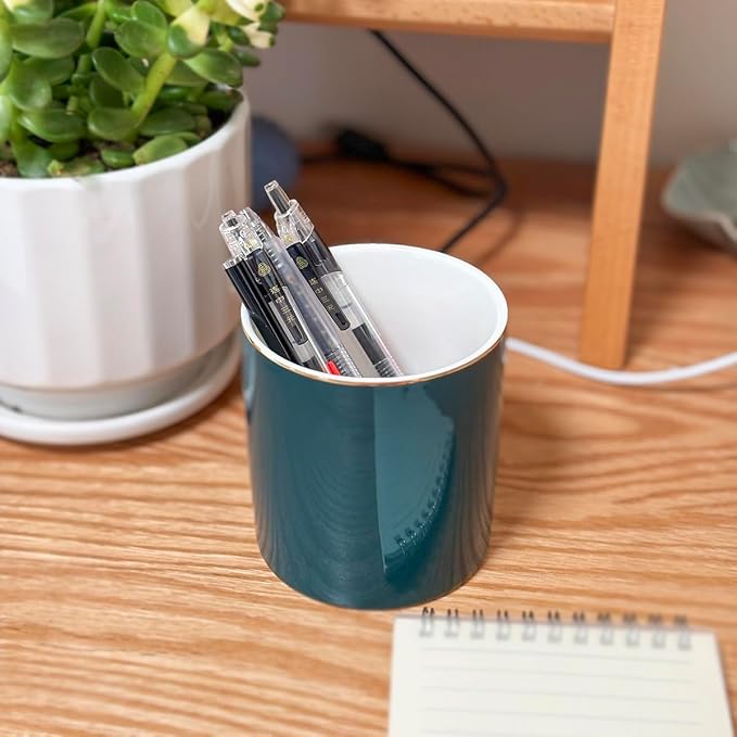 HANKOR Ceramic Pencil Holder for Desk - Cute Gold Trim Pen Aesthetic Makeup Brush Cup Holder Organizer for Desktop Storage Stationery Office Home Supplies (Green)