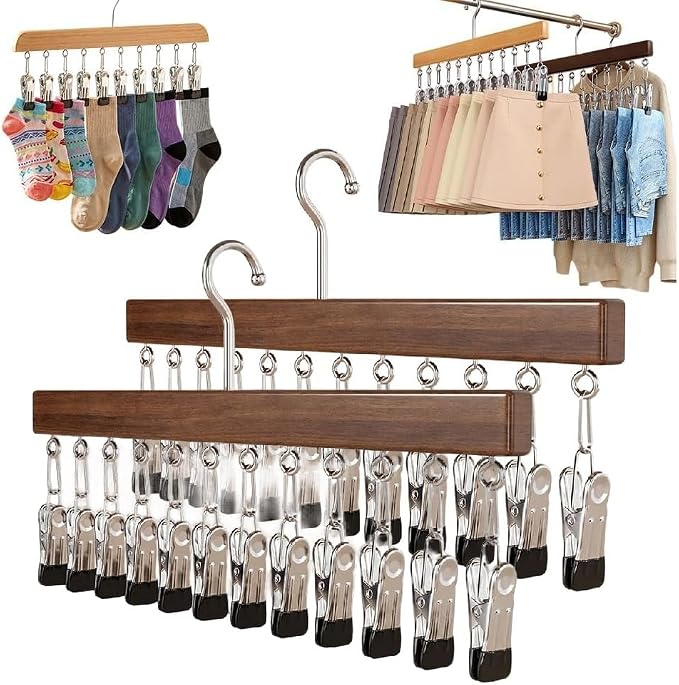 10/12-Clip Wooden Hanging Organizer, Sturdy Rack for Pants, Leggings, Socks, Hats, Scarves, Multi-Purpose Closet Storage for Home Use (2, Retro 12clip)