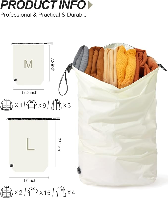 Travel Compression Laundry Bag for Dirty Clothes, Pump-Free Vacuum Space Saver Bag, Reusable Waterproof Wet Dry Bag, Travel Laundry Bag for Luggage, Packing, Suitcase (1 Pcs)（White, L)
