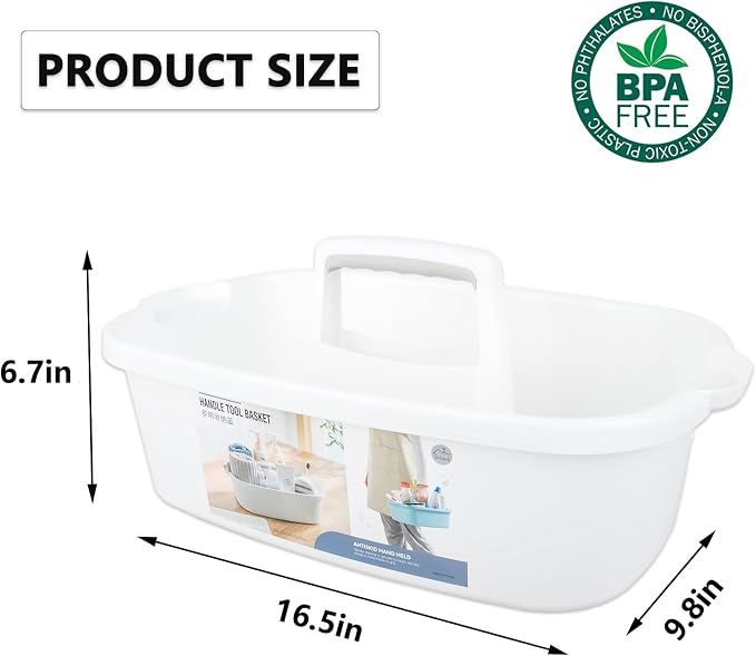 Large Cleaning Supplies Caddy Portable Shower Basket Supply Organizer with Handle Plastic Bucket Tool Storage for Bathroom, Bedroom, Kitchen, College Dorm, Garden, White 2 Pack