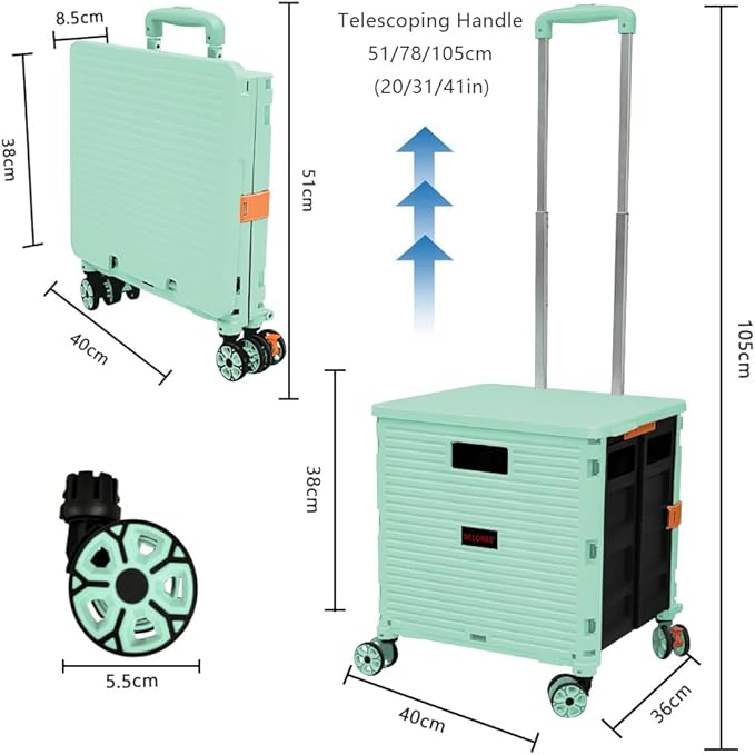 FELICON SELORSS Foldable Utility Cart Folding Portable Rolling Crate Handcart with Durable Heavy Duty Plastic Telescoping Handle Collapsible 4 Rotate Wheels for Travel Shop Move Luggage Office(Green