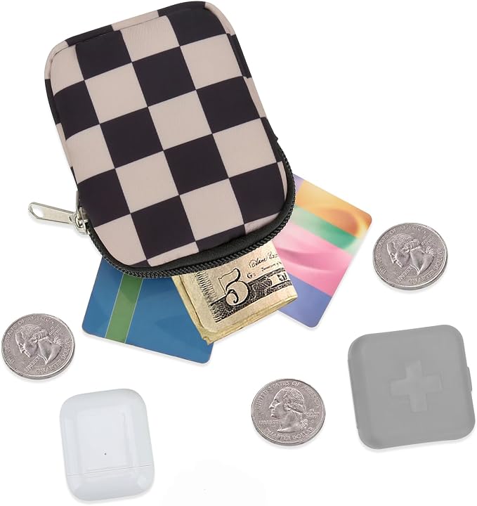 E-Tree Coin Purse with Carabiner Clip, Dual Layer Card Case Holder, Mini Pouch for AirPod Earphone Keychain USB Cable,Wallet, Small Accessories Organizer Bag for Women and Men (Brown Checkered)
