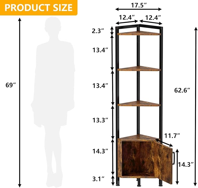 Furnulem Corner Shelf Cabinet,Corner Bookshelf with Storage and LED Light | Wall Shelf Unit,62.8”Tall Wood Display Shelves for Bedroom,Living Room,Kitchen,Metal Frame,Easy to Assemble