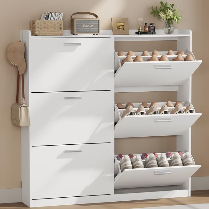 Shoe Cabinet with 6 Flip Drawers, Freestanding Shoe Rack Organizer with Adjustable Shelves, 47.2" W x 8.7" D x 47.2" H Narrow Shoe Storage Cabinet for Entryway, Foyer, Hallway, White