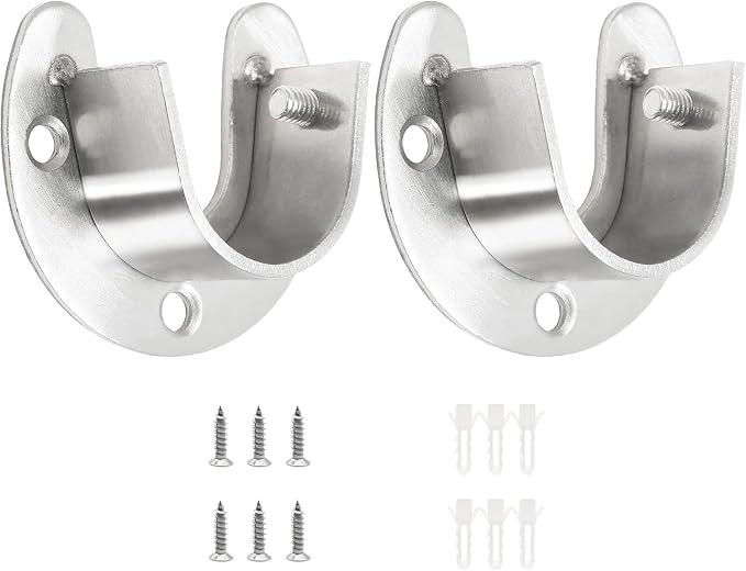 Stainless Steel Closet Rod End Supports, 1-1/3 Inch, Silver | 2 Packs, Wardrobe Bracket, Heavy Duty, U-Shaped with Screws