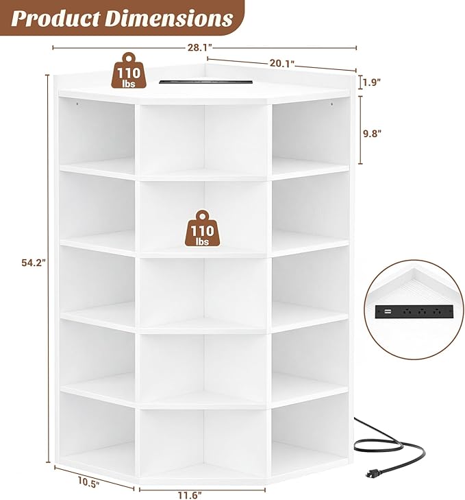 Aheaplus Corner Cube Book Shelf, 6-Tier Corner Cabinet with Power Outlets, Corner Cube Storage Shelf with Top Table, Wooden L Shaped Cubby Bookcase for Home Office, Bedroom, Living Room, White