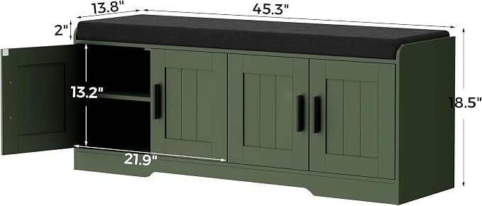 Homleke 2-Tier Storage Bench, Shoe Bench with Thickened Padded Seat Cushion, Entryway Bench with 4 Doors, Adjustable Shelf, 13.8" D x 45.3" W x 18.5" H, for Entryway, Living Room, Bedroom, Green