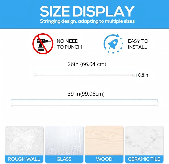 2 Pack Spring Tension Rods 26-39 Inches, 5/8 Inch Diameter White No Drill Spring Loaded Adjustable Extendable, Small Short Tension Curtain Rod for Windows Kitchen Doorway Closet Cupboard