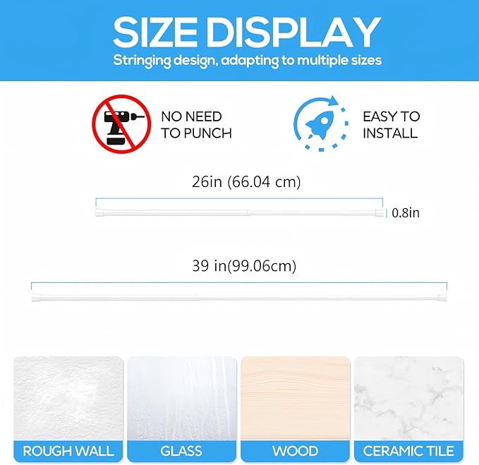 1 Pack Spring Tension Rods 26-39IN, 5/8 Inch Diameter White No Drill Spring Loaded Adjustable Extendable, Small Short Tension Curtain Rod for Windows Kitchen Doorway Closet Cupboard