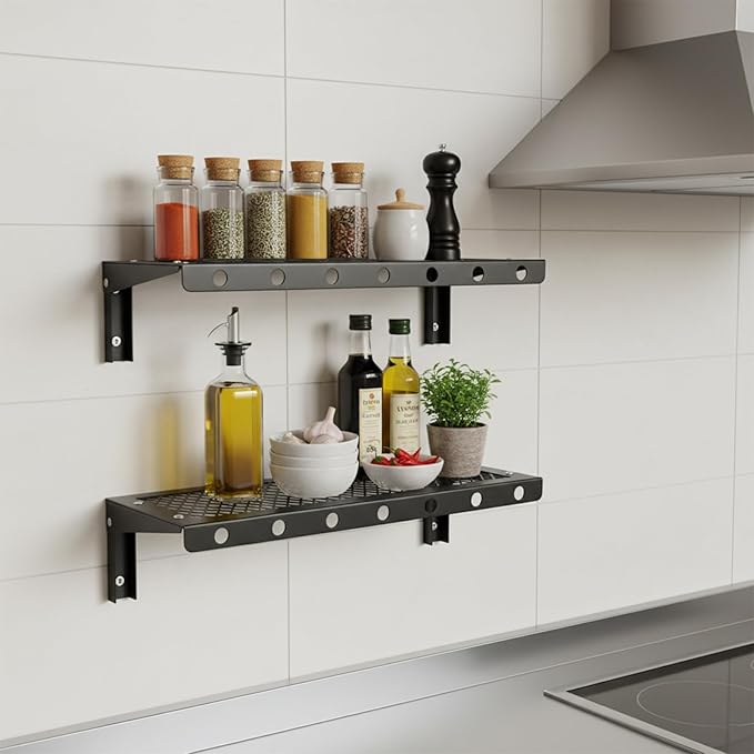 Floating Wall Shelves Set of 2, Black Floating Shelves,Wall-Mounted Bookshelf,Mesh Panel, Used in Living Room, Kitchen, Bathroom, Garage,Folding with Hooks.