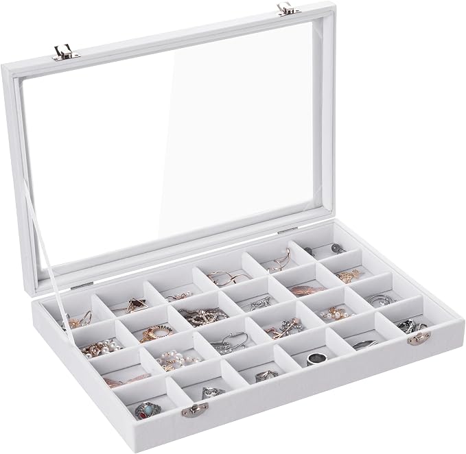 Frebeauty 24 Grid Earring Organizer,Velvet Jewelry Tray with Clear Lid | Drawer Jewelry Organizer for Rings Studs Brooch,Adjustable Divider,Dustproof Design,Earring Storage,Trinket Box,13.8×9.5Inch