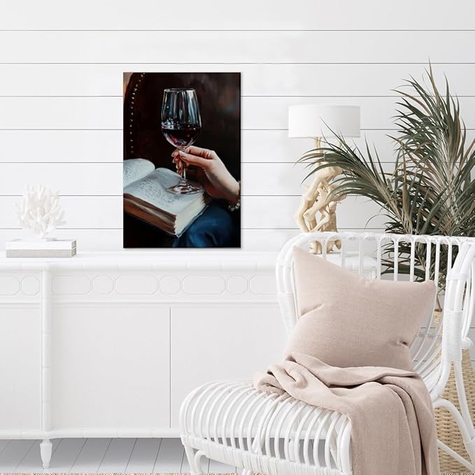 Wine and Book Girl Reading With Drink Art Aesthetic Poster Canvas Wall Art Decoration Living Room Home Decor Bedroom Decoration Poster Framed8x12inch