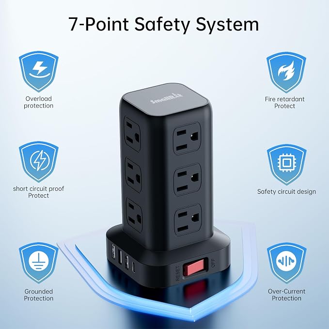 Extension Cord with Multiple Outlets, SMALLRT Surge Protector Power Strip Tower with USB Ports 12 AC Outlets, PD 20W USB C, 15FT Outlet Extender for Home Dorm, Office Supplies, Overload Protection