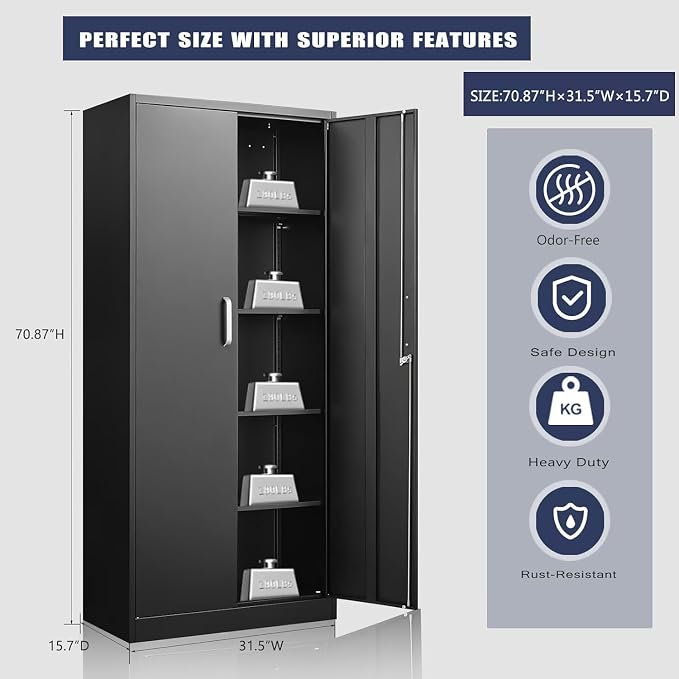Guizeeopo Metal Storage Cabinet with Adjustable Shelves, Garage Storage Cabinets with Doors and Shelves, File Cabinets for Home Office, Kitchen Pantry Cabinet, 71'H, Black
