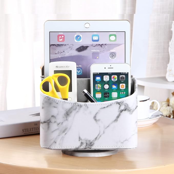 PUSU Leather 360°Rotatable Remote Control Holder,Nightstand TV Remote Caddy | Office Supplies Desktop Organizer,Spinning Storage Box for Pen,Mail,Phone,DVD, Blu-Ray, Media Player, Heater Controllers