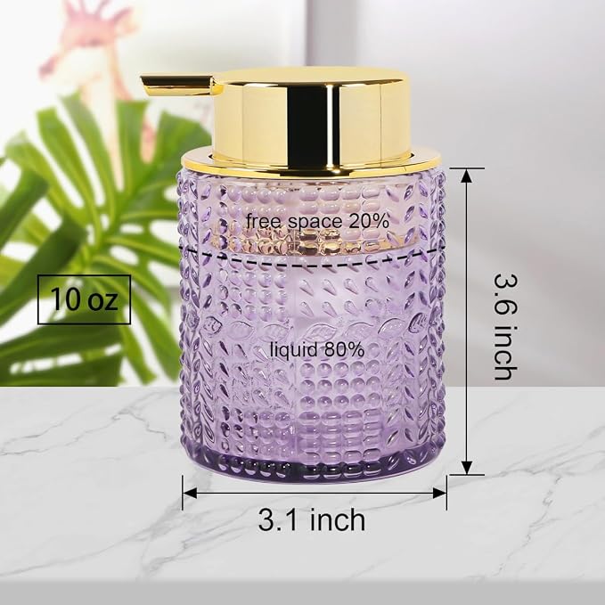 Foaming Soap Dispenser, 2pcs Purple Glass Foam Soap Dispenser with Gold Pump, Refillable 10oz Lotion Liquid Container Pump Bottle for Bathroom Kitchen Countertop