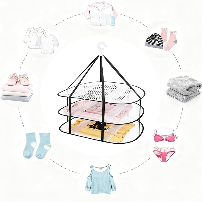 Fashion & Lifestyle 3-Tier Foldable Clothes Black Drying Rack, Hanging Mesh Laundry Dryer with Sturdy Frame for Delicates/Sweaters/Underwear, Space-Saving Indoor Outdoor Drying Organizer