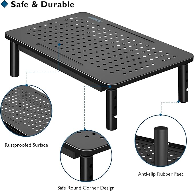 BONTEC 2 Pack Adjustable Monitor Stand Riser with Drawer, Supports 44lbs | Ergonomic Mesh Platform for Desk, Ventilated Laptop and PC Use with Cable Management for a Cooler, Organized Workspace