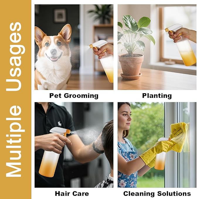 16.9oz/500ml Plastic Spray Bottles 2 Pack, Adjustable Mist Stream | Heavy Duty refillable spray containers for plant care, hair mist and household cleaning