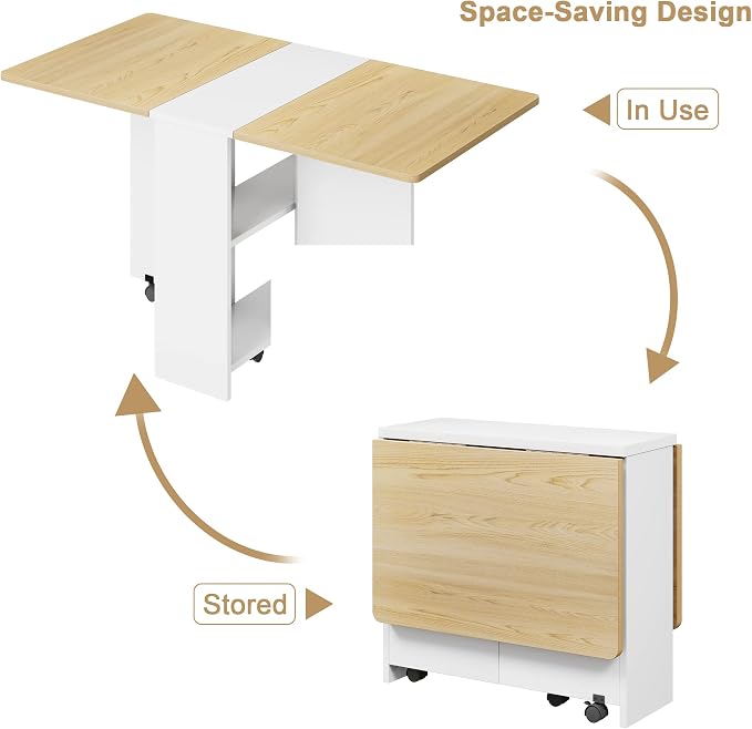 GAOMON Folding Dining Table, Drop Leaf Dining Table with 6 Wheels and 2-Layer Storage Shelf, Foldable Kitchen Table, Space Saving Table for Small Spaces, Areas, 47.2" Natural Wood