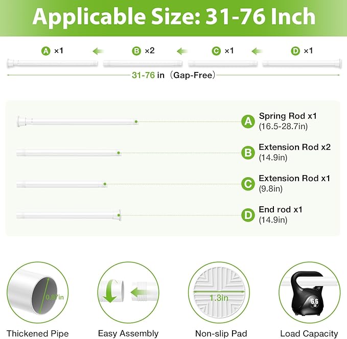 1Pcs Spring Tension Curtain Rod, White Shower Curtain Rod 31-76 Inch, Spring Loaded Curtain Rod No Drilling, Adjustable 7/8" Diameter Tension Rod for Windows Bedroom Bathroom Doorway Closet