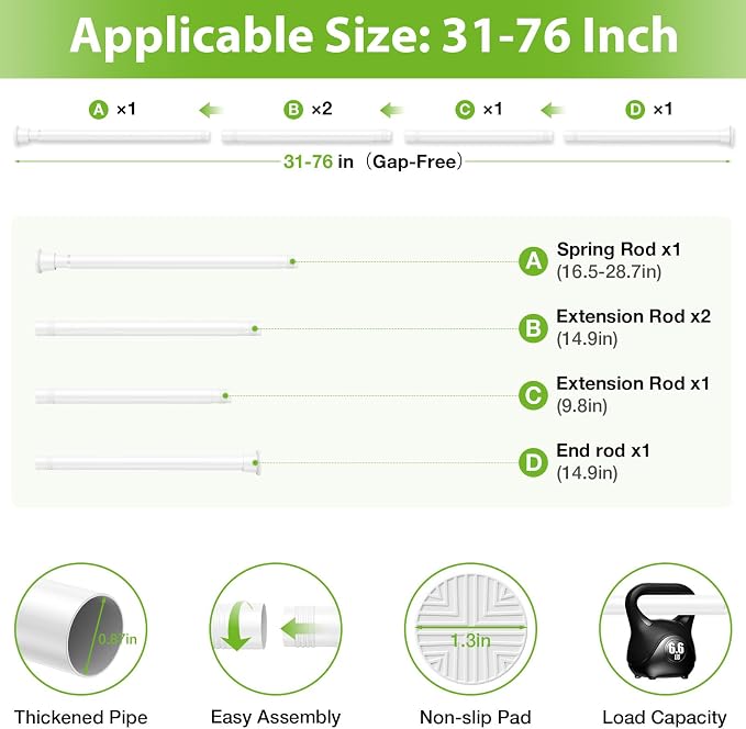 2Pcs Spring Tension Curtain Rod, White Shower Curtain Rod 31-76 Inch, Spring Loaded Curtain Rod No Drilling, Adjustable 7/8" Diameter Tension Rod for Windows Bedroom Bathroom Doorway Closet