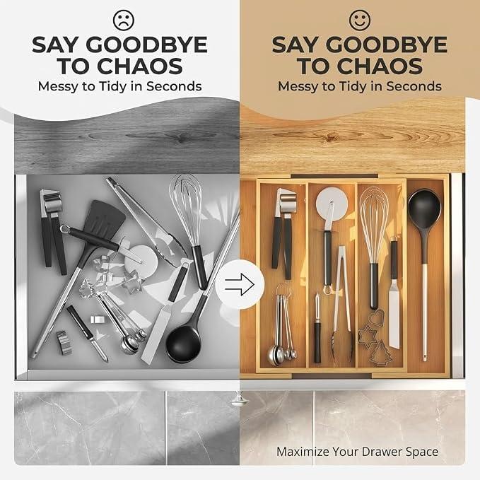 FUSHITON Expandable Bamboo Drawer Organizer, Adjustable Utensil Tray for Knives and Cutlery, Natural Wood Silverware Organizer for Kitchen, Bathroom