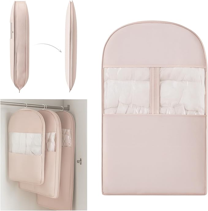 Space Saving Hanging Compression Garment Bag with Zipper for Closet Storage, Hanging Clothes Storage Bag, Garment Covers for Coats and Down Jackets, Pink, M