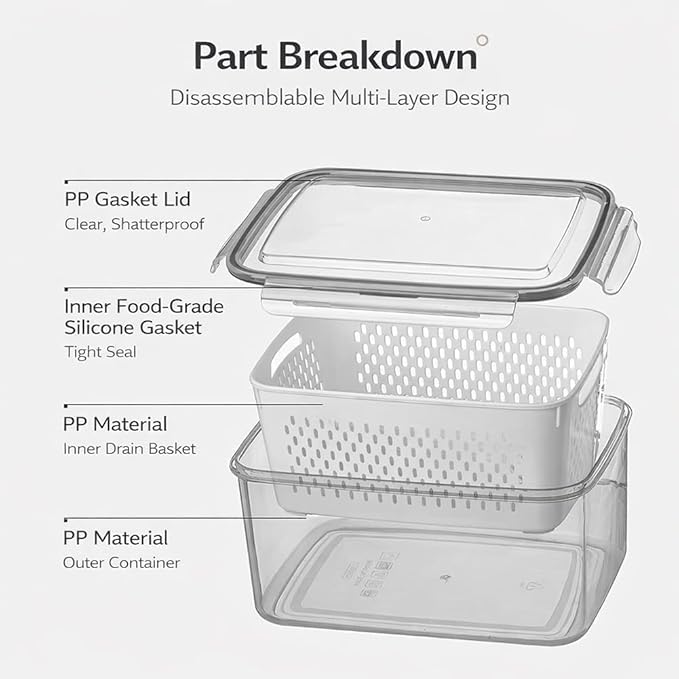 QUROXO 4 in 1 Food Storage Container-3 Piece Set, Household Transparent Plastic Food Storage Box with Lids, Food Fruit Storage Containers for Fridge with Drain Basket (Blue)