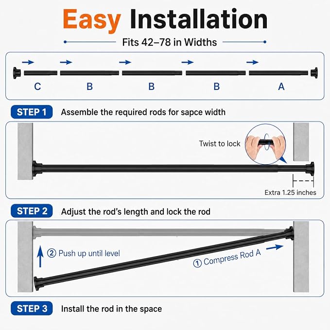 ALLZONE Tension Curtain Rod for Window, 2 Pack 83-123 Inches, Heavy Duty Curtain Rods No Drilling, Non-Slip Bathroom Shower Tension Rod, Renter Friendly, Adjustable, Spring Loaded, Extra Long, Black