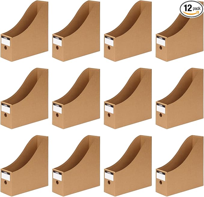12 Pcs Cardboard Magazine File Holder Boxes with Labels | Magazine Holder Desk Organizer for Documents Storage, Foldable Folder Holder File Organizer Box Vertical File Folder Box
