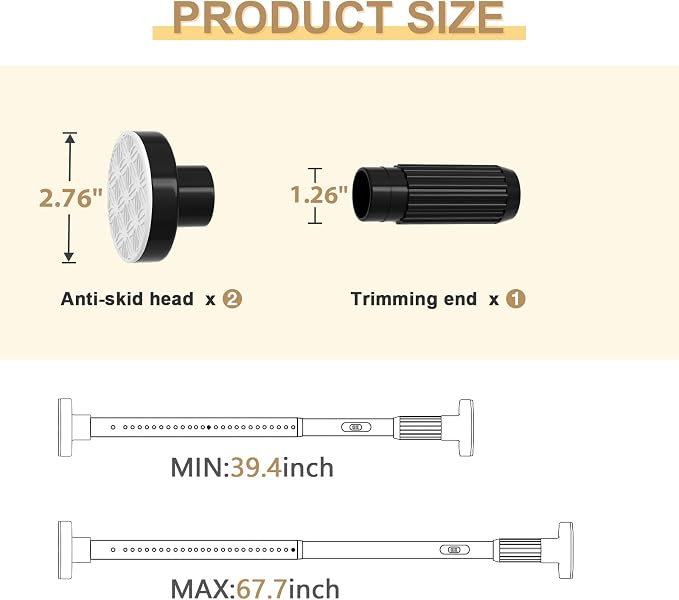 Black Tension Curtain Rod 41-67In, Curtain Rod No Drilling for Window or Bathroom,Outdoor Tension Rods for Patio, Heavy Duty Shower Rod,Rod Diameter 1.26In-One-bond stretching