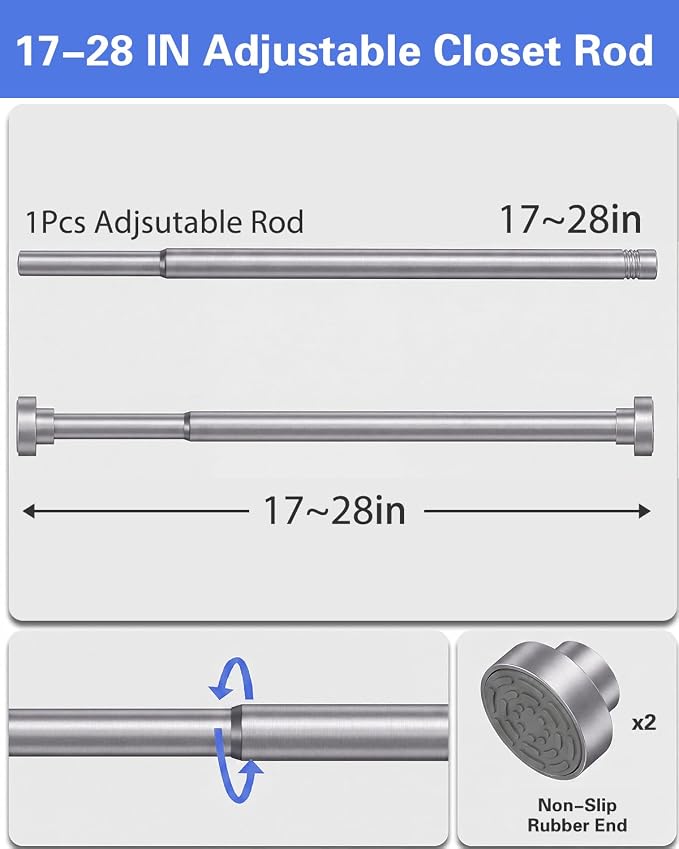 Closet Rod, No Drill Tension Closet Rod for Hanging Clothes, 17-28in,Silver | Quick Tool-Free Install, Non-Slip Rubber Ends Grip Securely, Heavy-Duty Rod Supports Up To 66 lb In Closet, Laundry Rooms, RV