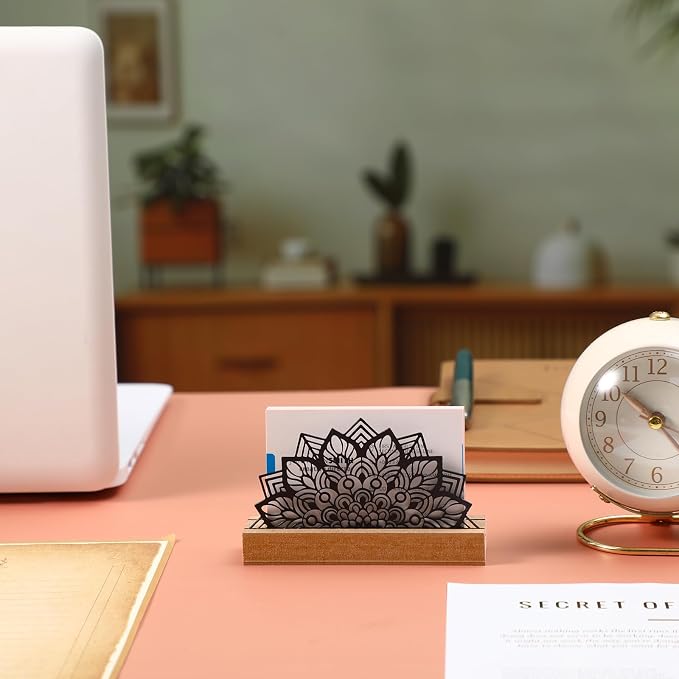 CroBlissful 2 Pcs Lotus Business Card Holders for Desk, Wood&metal Black Lotus Silhouette Business Card Display Stand for Home Office