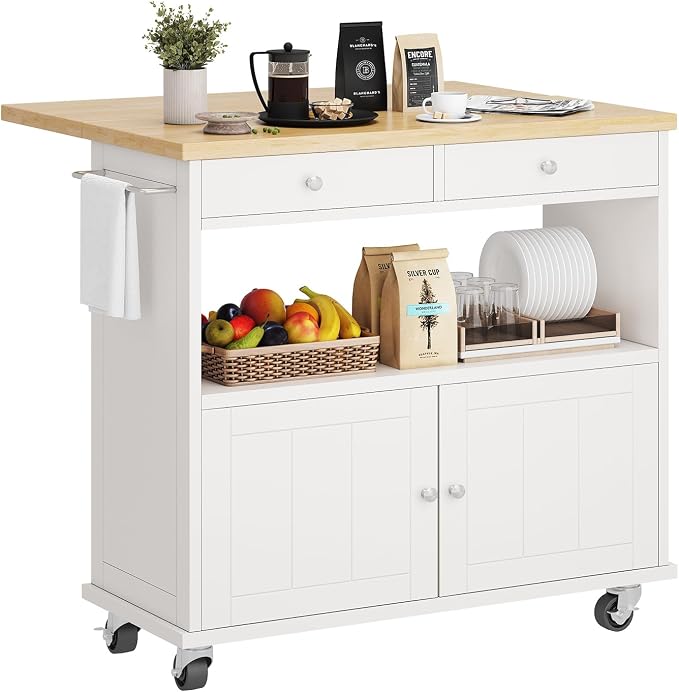 Rolling Kitchen Island with Folding Drop Leaf Breakfast Bar, 35.4'' W Kitchen Cart with Storage Cabinet and 2 Drawers, Portable Mobile Kitchen Island Table with Towel Rack, Lockable Wheels, White
