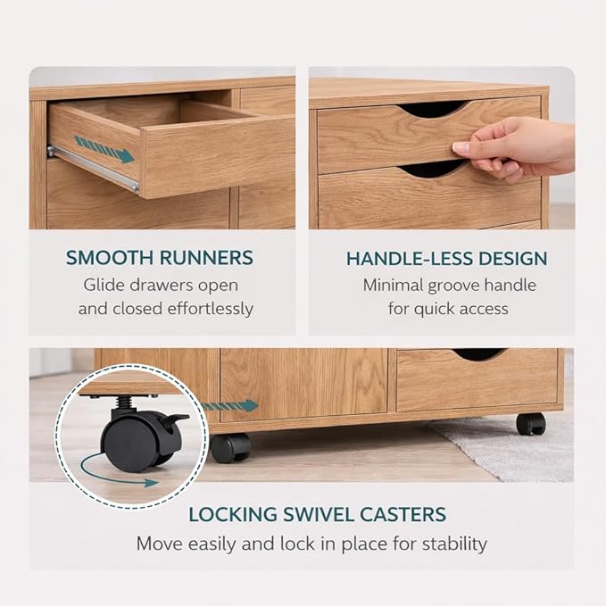 Naomi Home Wooden 5 Drawer Office File Cabinet with Shelves and Wheels, Mobile Storage Cabinet with Drawers for Home Office, Ideal for Under Desk or Printer Stand Use in Natural