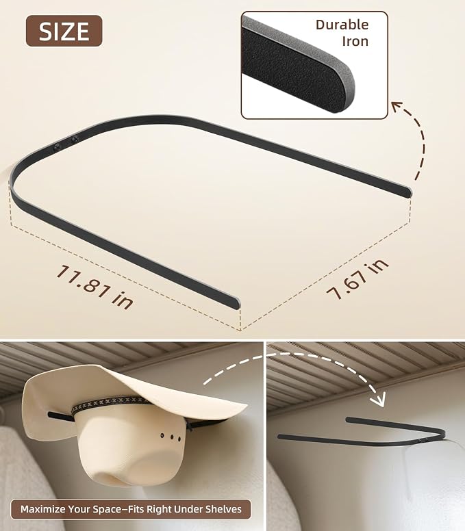 Cowboy Hat Rack 4-Pack Dual Arm Metal Wall Mount for Wide Brim Hats Rustic | Rustic wall hat rack with extended dual arms, fits cowboy hats, fedoras and wide-brim caps to prevent brim bending.