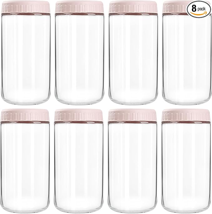 SHOWIN Overnight Oats Containers with Lids, 24oz Glass Jars with Lids 8 pcs, Pink, Wide Mouth Mason jars for Salad, Yogurt, Snacks, Meal Prep