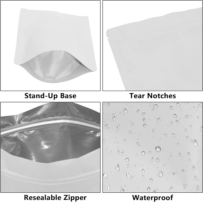 50PCS Smell Proof Resealable Pouch Bags,ULIFESTAR Aluminum Foil Flat Food Storage Bag,Sealable Pcsaging Zipper Pouches with Tear Notches for Pcsaging Lipgloss,Jewelry,etc(20*30cm/7.87*11.81",White)