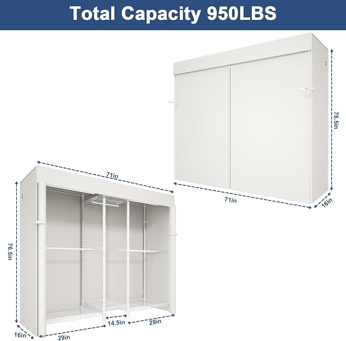 Ulif E12C Pro Heavy Duty Closet Organizer System，Freestanding Clothing Racks for Hanging Clothes，Adjustable Garment Rack 71"W x 16"D x 76.5"H Hold 960lbs，White Clothing Rack with White Dustproof Cover