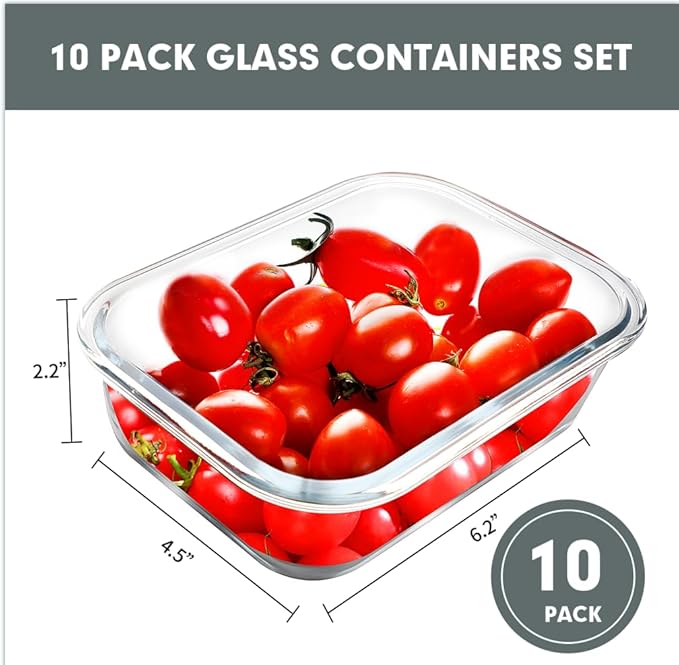 VERONES 12 Packs and 10 Pack 22OZ Glass Food Storage Containers Set, Glass Meal Prep Containers, for Microwave, Oven, Freezer & Dishwasher Friendly