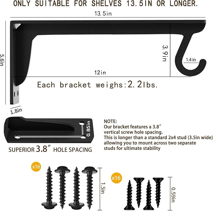 13.5x5.6inch Closet Rod Bracket Heavy Duty Support 400 lbs (4pack Black) | Sturdiness Wall Mounted L-shaped Shelf Brackets with Holders for Kitchen Bathroom Bedroom Office